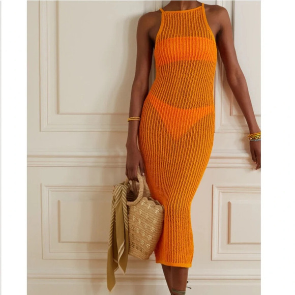 Cult Gaia Yaro Crocheted Cotton-blend Midi Dress Orange - Picture 1 of 7